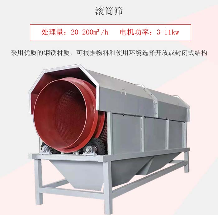 滾筒篩采用優質的鋼鐵材質，可根據物料和使用環境選擇開放或封閉式結構