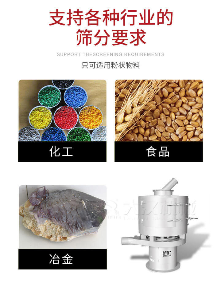 氣流篩用于礦粉,石墨粉,活性納米碳酸鈣,鋁灰,大豆粉,碳酸重鈣,石墨粉,木粉,干草,重金石粉,藥粉末,橡膠顆粒,草酸鹽,干料粉,木粉,聚酯粉,干粉,塑料,金屬粉末,橡膠粉,粉煤灰,石墨粉,陶瓷粉,鋅粉,石英粉,石灰粉,鐵粉,金屬硅粉等。