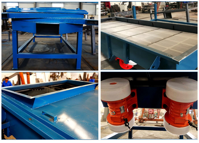 方形振動(dòng)篩出料口,篩網(wǎng)和網(wǎng)架,進(jìn)料口,振動(dòng)電機(jī)等細(xì)節(jié)展示。