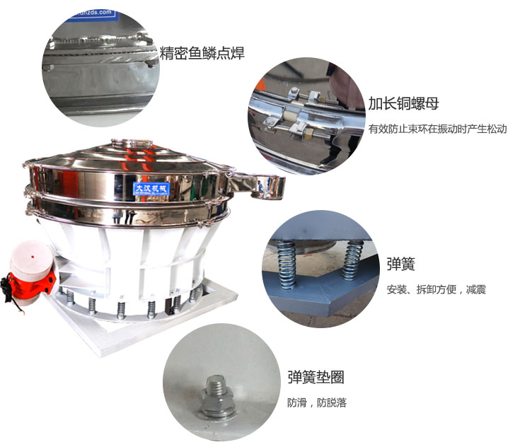 1500直排篩細節(jié)展示:彈簧,彈簧墊圈,加長銅螺母。