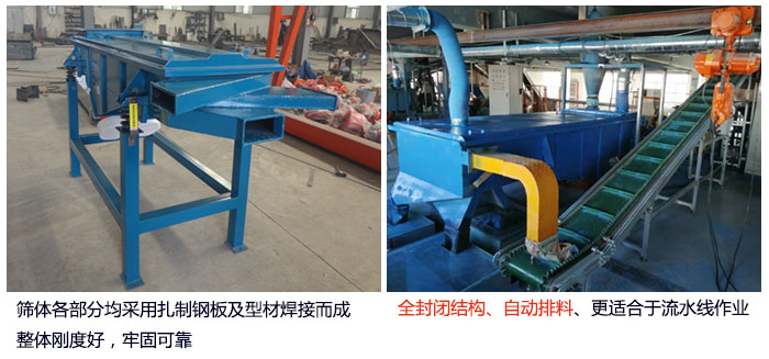 直線篩分機篩體各部分均采用扎制鋼板及型材焊接而成整體剛度好,牢固可靠;全封閉結(jié)構(gòu)、自動排料、更適合于流水線作業(yè)。