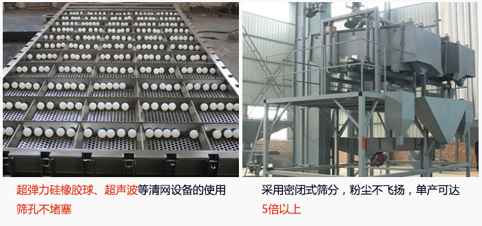 方形搖擺篩采用密閉式篩分,杜絕粉塵飛揚,且單產達到5倍以上;超彈力硅橡膠球、高頻率超聲波等清網(wǎng)設備的使用,不會造成篩孔堵塞,使產量提升。
