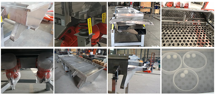 不銹鋼直線篩不同定制出料口，電機，篩網，篩箱，彈跳球等部件細節展示