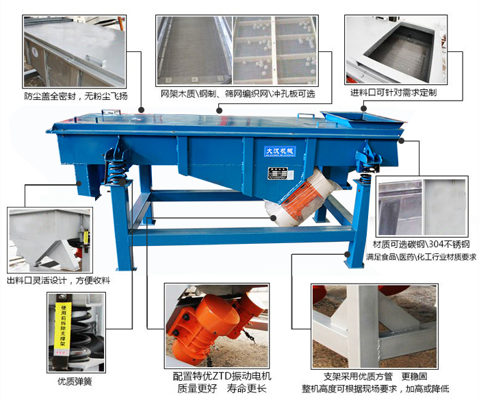 方形振動(dòng)篩結(jié)構(gòu)包括:防塵蓋:全密封,無粉塵飛揚(yáng)。網(wǎng)架木質(zhì)/鋼制,篩網(wǎng)編織網(wǎng)/沖孔板可選。進(jìn)料口可針對(duì)需求定制。出料口靈活設(shè)計(jì),方便受料,材質(zhì)可選碳鋼/304不銹鋼滿足食品/醫(yī)藥/化工行業(yè)材質(zhì)要求。優(yōu)質(zhì)彈簧。配置特優(yōu)ZTD振動(dòng)電機(jī)質(zhì)量更好,壽命更長。支架采用優(yōu)質(zhì)方管,更穩(wěn)固整機(jī)高度可根據(jù)現(xiàn)場要求,加高或降低。