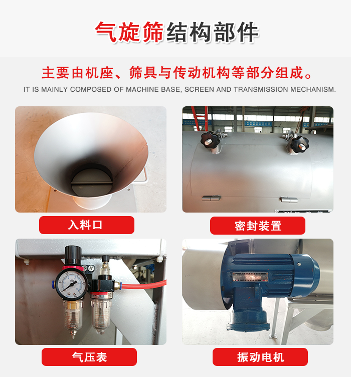 氣旋篩結構：入料口，密封裝置，電機，氣壓表等