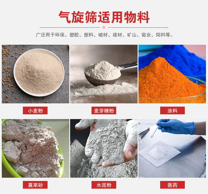 氣旋篩適用物料：小麥粉，麥芽糖粉，涂料，等粉狀物料。