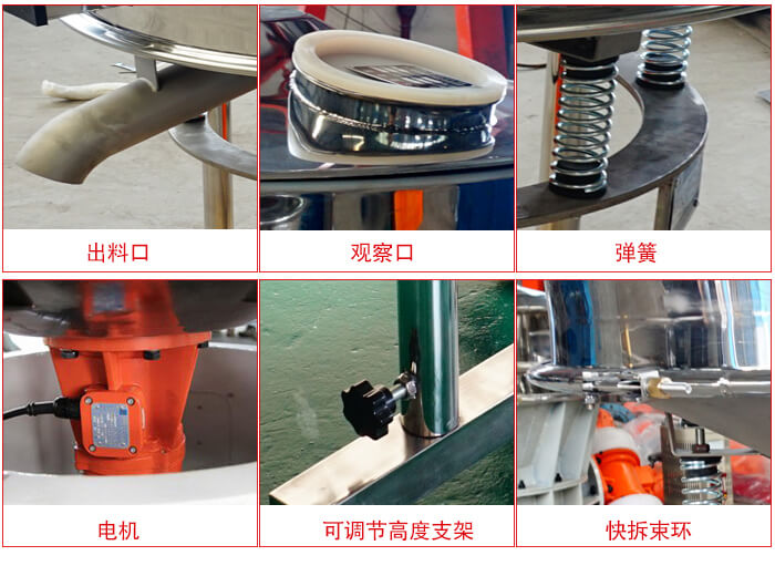 高頻篩細(xì)節(jié)展示：出料口，觀察口，彈簧，電機(jī)，可調(diào)節(jié)高度支架，快拆束環(huán)。